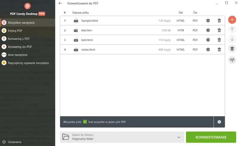 Dodawanie wielu plików HTML do połączenia w jeden dokument PDF w PDF Candy Desktop