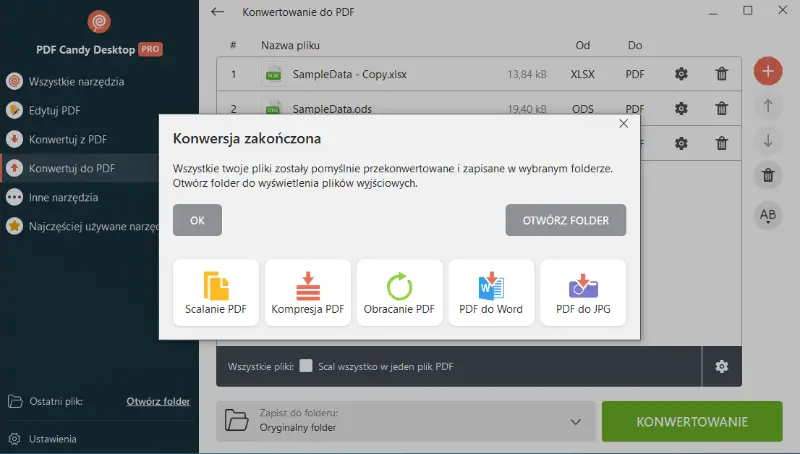 Konwersja z XLS do PDF jest kompletna w PDF Candy Desktop