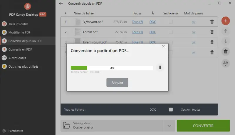 Conversion de PDF en Word en cours