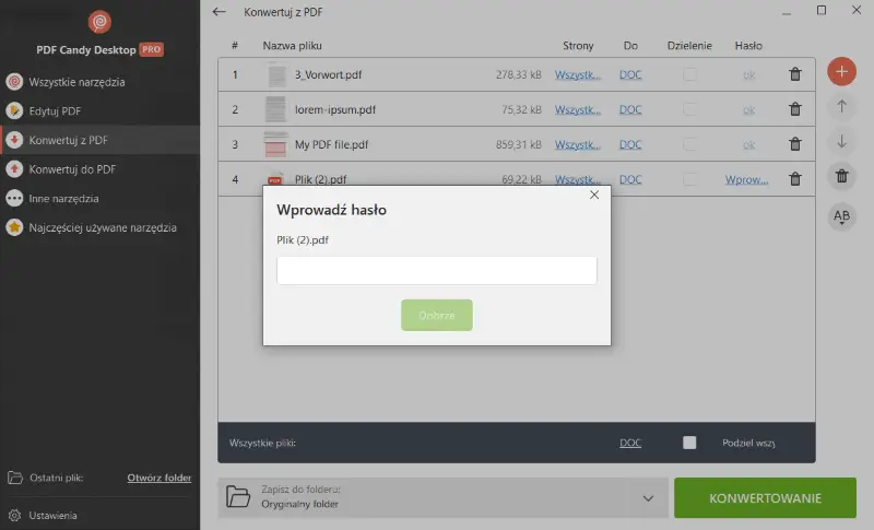 Wpisz hasło, aby przekonwertować chronione hasłem pliki PDF do formatu PDF do DOC w PDF Candy Desktop