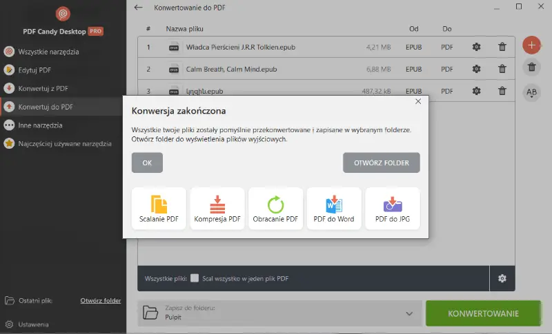Konwersja z EPUB do PDF zakończona w PDF Candy Desktop