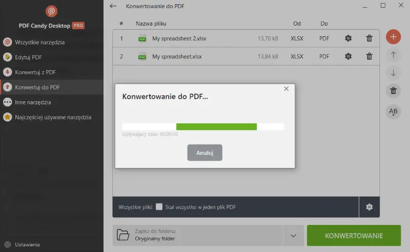 Konwersja XLSX do PDF w procesie w PDF Candy Desktop