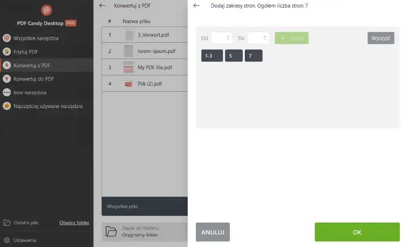 Wybieranie stron plików PDF do konwersji na PDF do DOC w PDF Candy Desktop