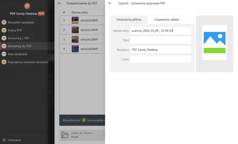 Ustawienia pliku wyjściowego przed konwersją z BMP do PDF w PDF Candy Desktop