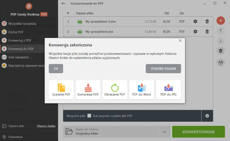 Plik XSLX został pomyślnie konwertowany do formatu PDF przy użyciu oprogramowania PDF Candy Desktop