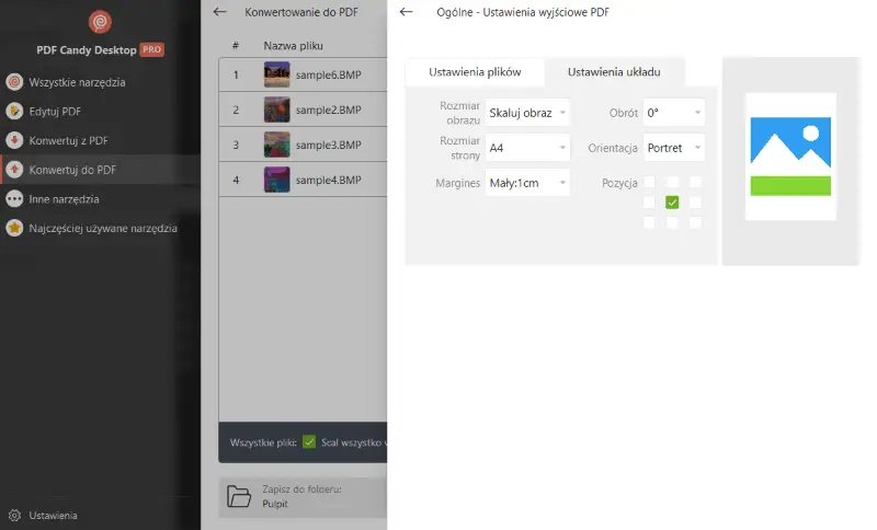 Ustawienia układu dla konwersji BMP na PDF w PDF Candy Desktop