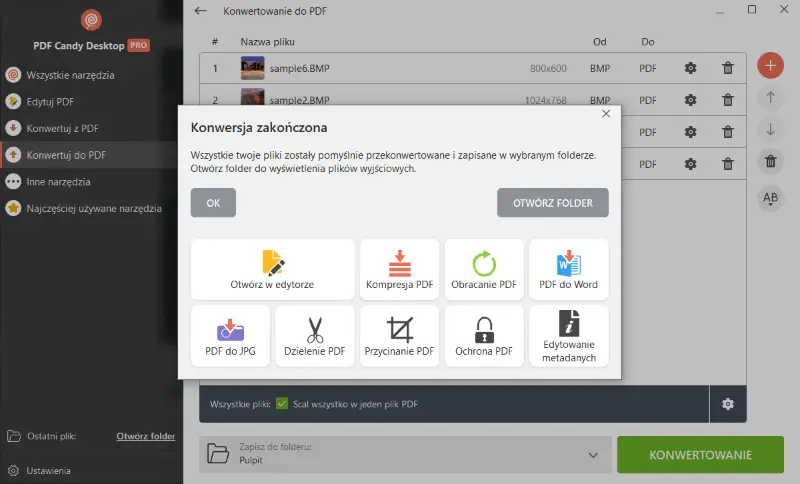 Konwersja BMP do PDF zakończona za pomocą PDF Candy Desktop