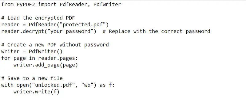 Code for unlocking a PDF Code for unlocking a PDF