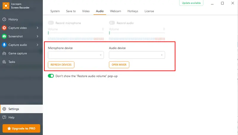 Audio capture settings of Icecream Screen Recorder