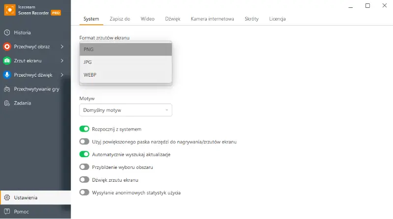Wybierz format zrzutu ekranu w Icecream Screen Recorder
