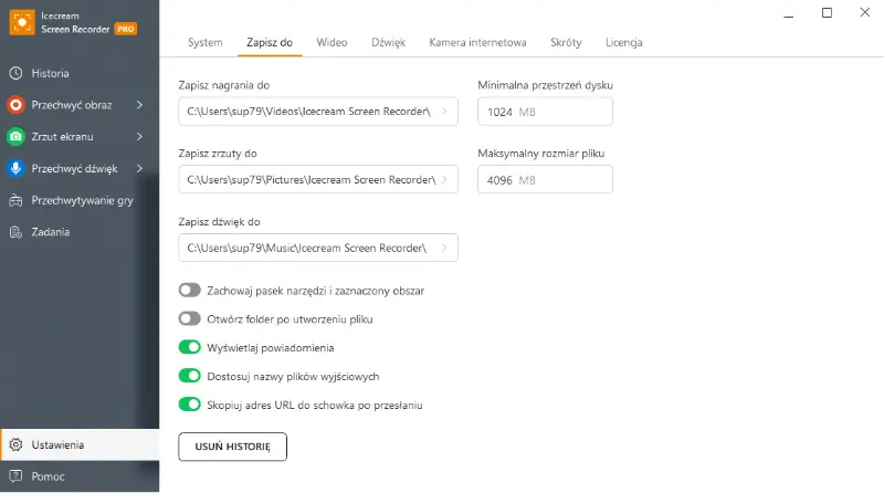 Ustawienia wyjściowe w Icecream Screen Recorder