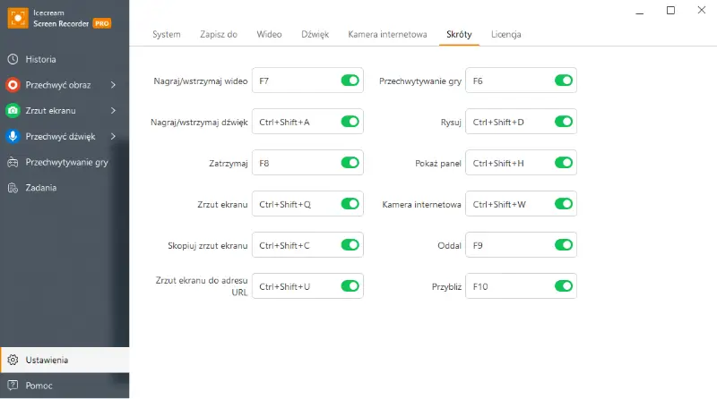 Icecream Screen Recorder - Skróty klawiszowe
