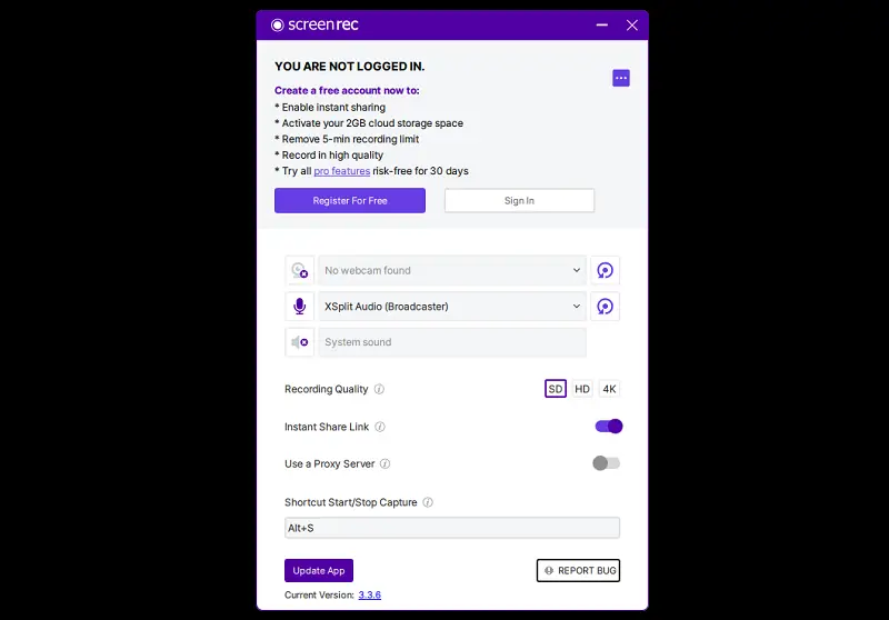 ScreenRec video recording settings