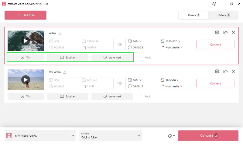 Video conversion settings