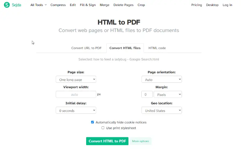 Online HTML to PDF converter Sejda