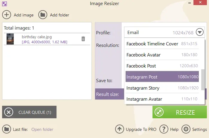 How to resize photo for Instagram