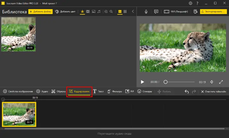 Выбор функции Кадрирование видео в Icecream Video Editor