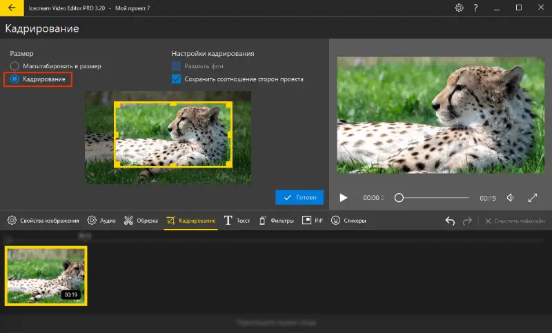 Режим Кадрирование видео в редакторе видео Icecream Video Editor