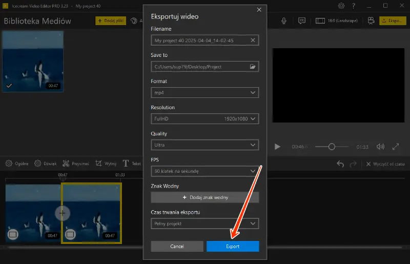 Scalanie filmów w systemie Windows - eksportowanie