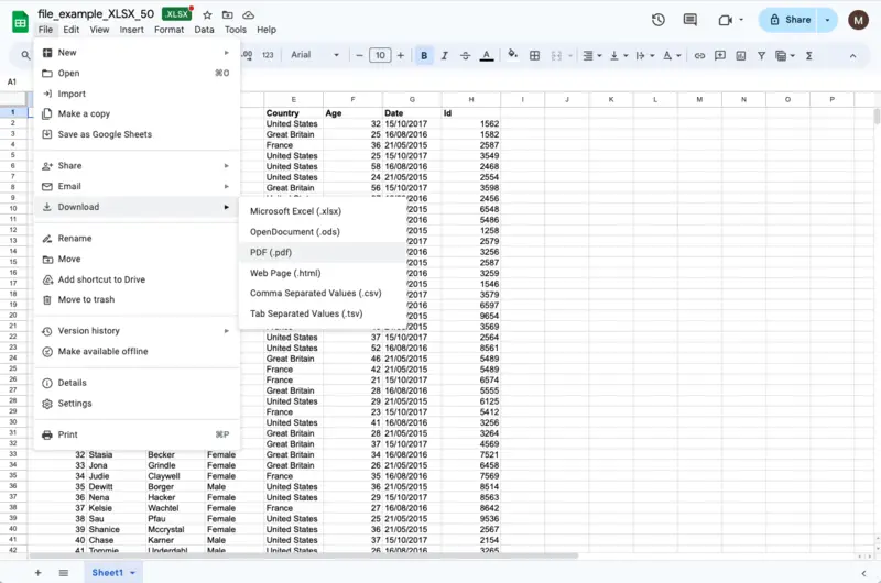 Google ドライブ で Excel スプレッドシートを PDF に変換