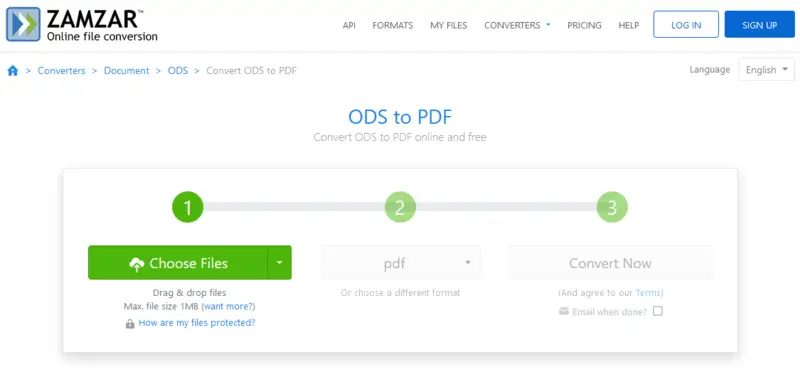 Convert ODS to PDF in Zamzar