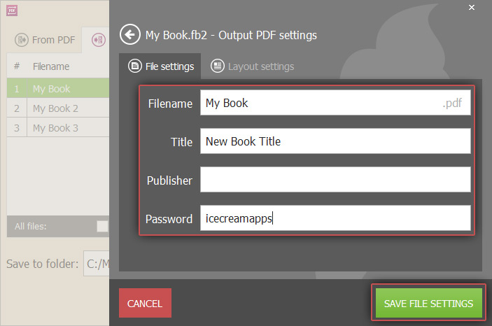 FB2 to PDF converter settings