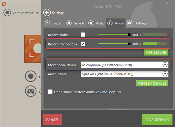 Audio settings of webcam recorder