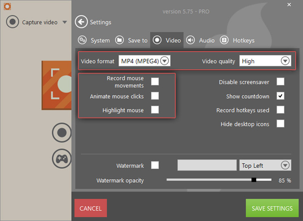 Video settings of streaming video recorder