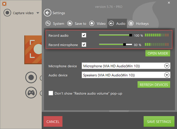 "Audio settings" of desktop recorder