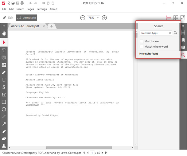 Сообщение Ничего не найдено после поиска по документу PDF в программе Icecream PDF Editor